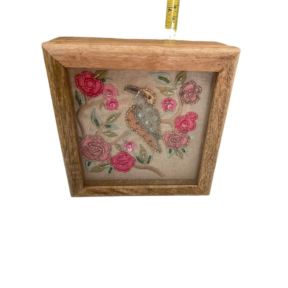 Noor-e-Noire Glass Beads Sequin Embroidered Bird Floral Oak Wooden Box